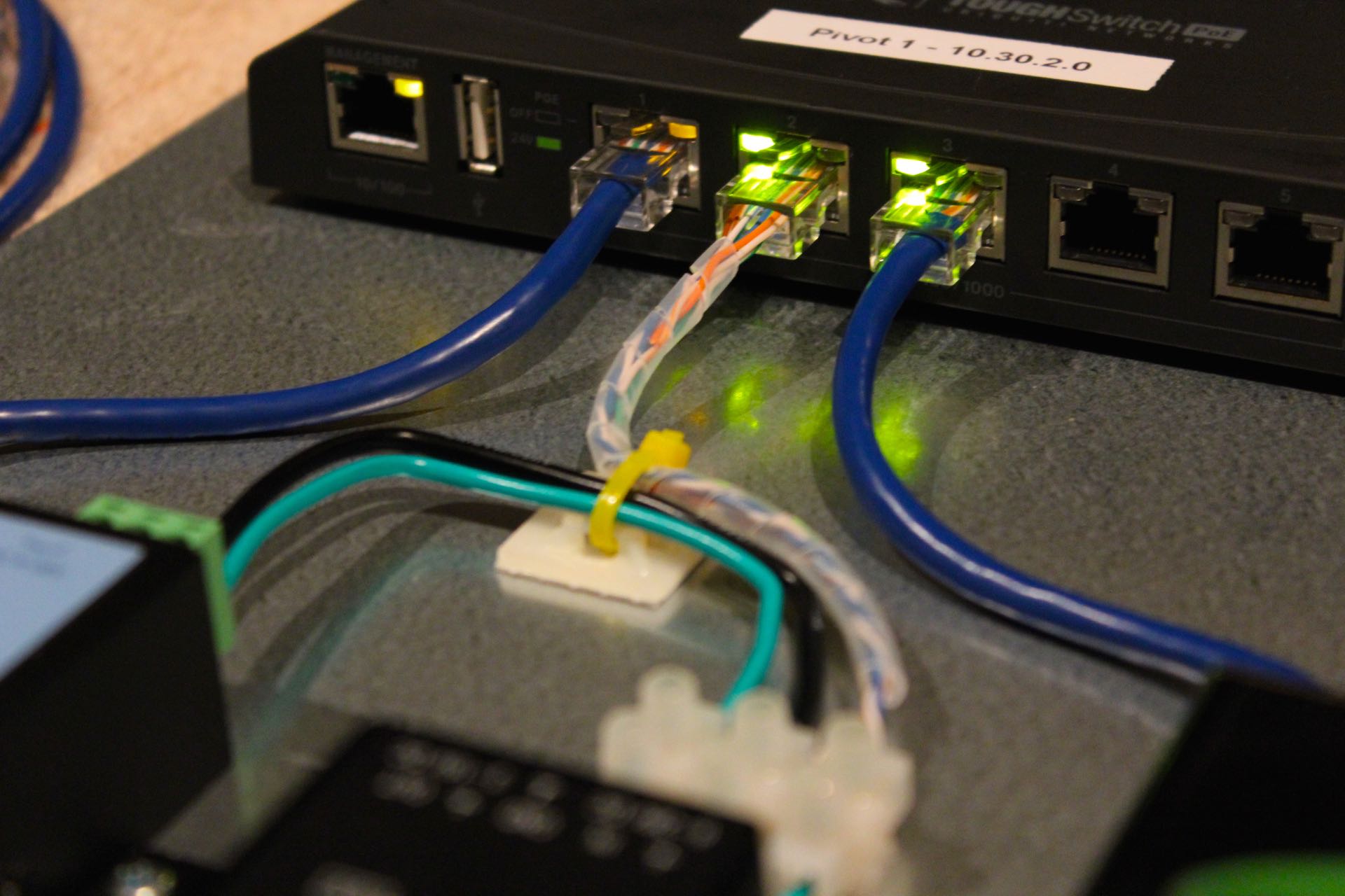 Closeup of ethernet switch cabling